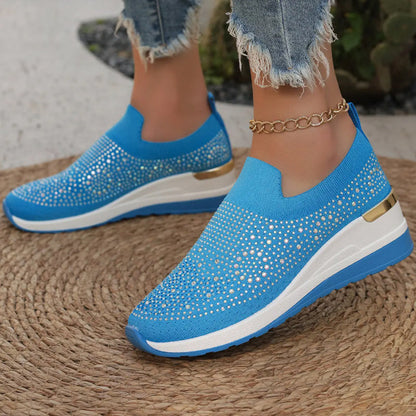 MeyChic™ Rhinestone Slip-Ons – Breathable Knit Sneakers | Light on Your Feet, Bright in Every Step ✨